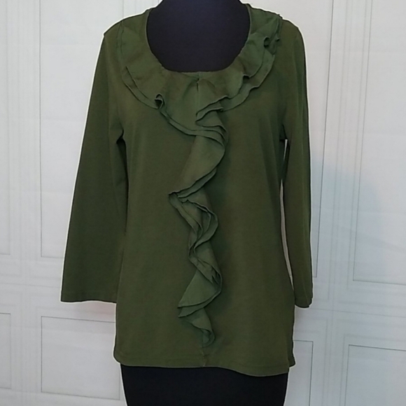 Jones New York Womens Medium Dark Green Ruffle Front Long Sleeve Tee T Shirt Top - Picture 9 of 9
